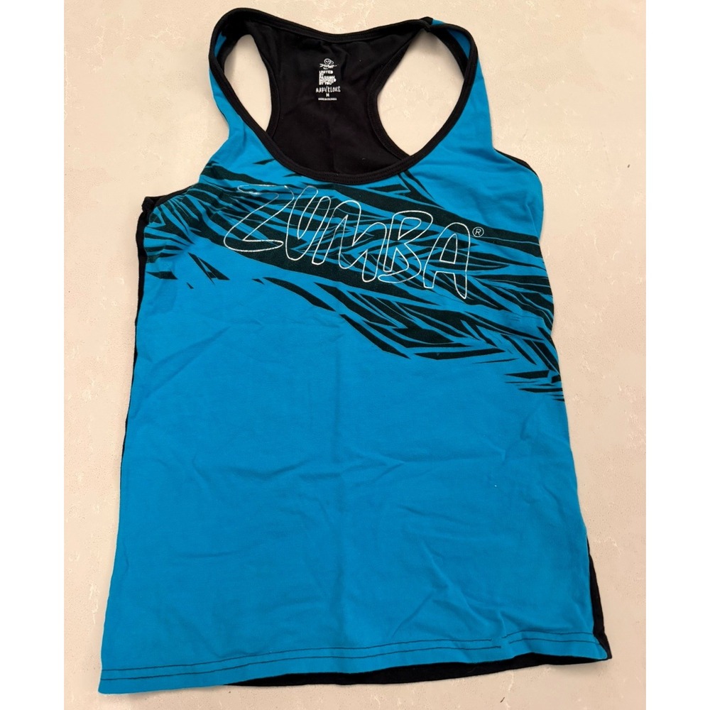 Zumba Wear Marvelous Tank Top Women's M Blue Black Racerback Dance Fitness